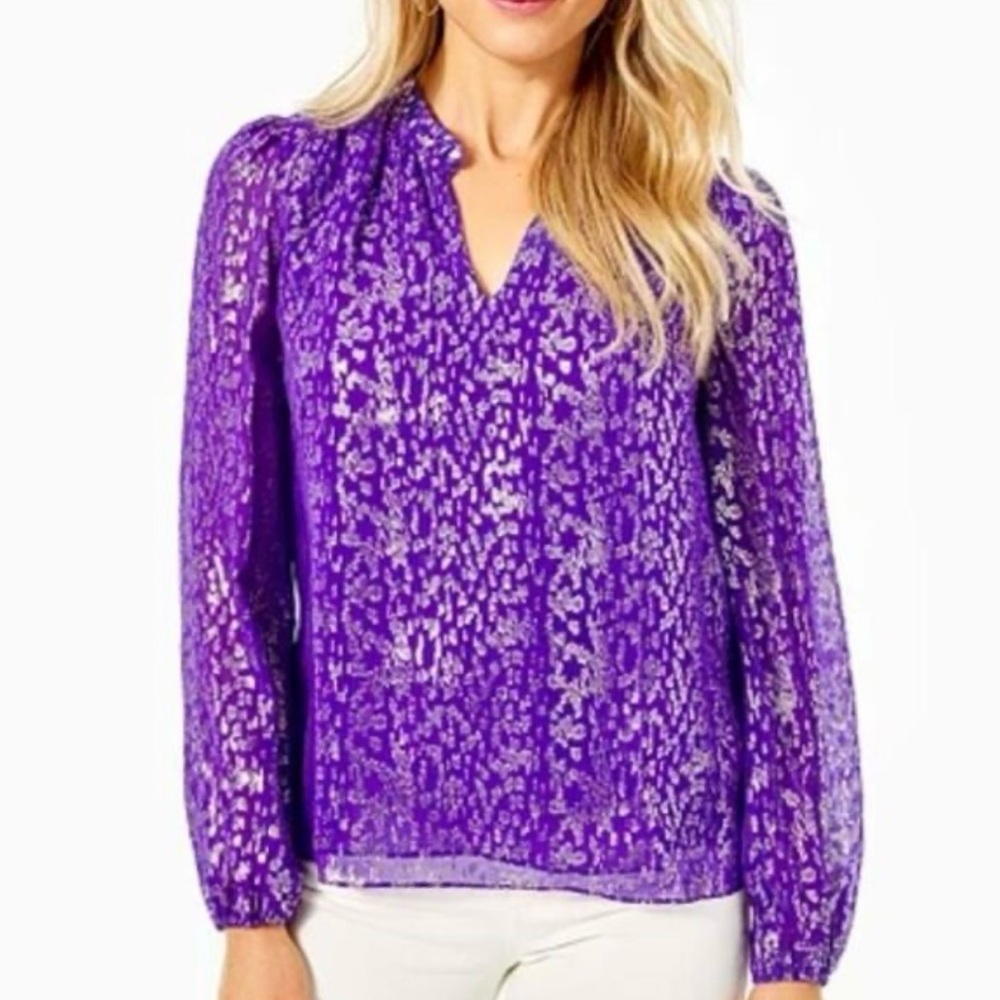 Lilly Pulitzer Purple Gold Giana Ruffle Silk Metallic Blouse Large NWT $178